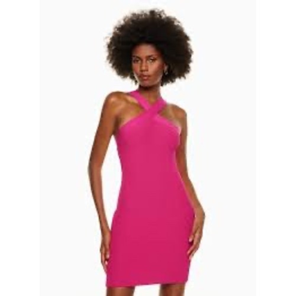 Aritzia Babaton Sculpt Knit Criss Cross Hot Pink‎ Ribbed Mini Dress Bodycon XS